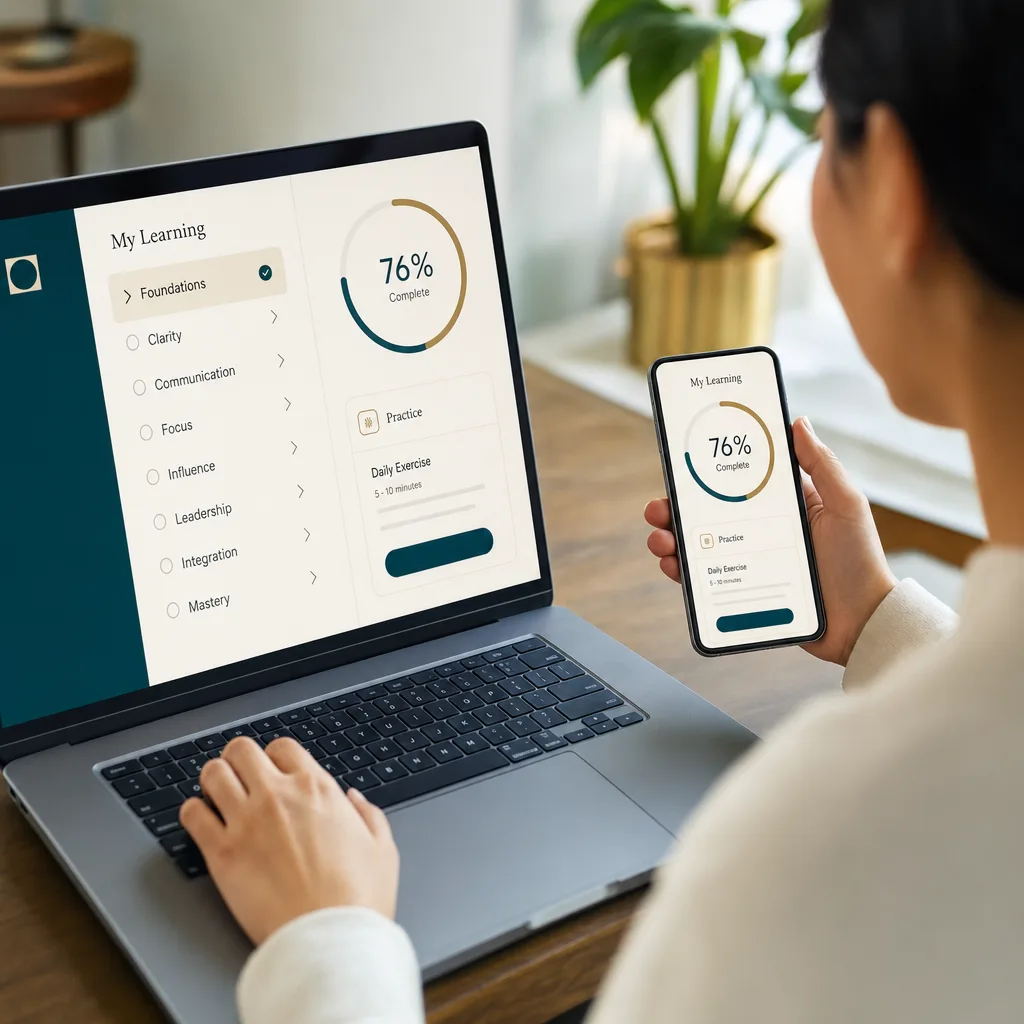 Inside the program: course dashboard with modules, lessons and reference guides